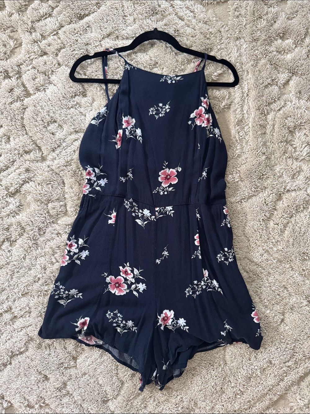 Navy Floral Tiered Romper with Pink Blooms